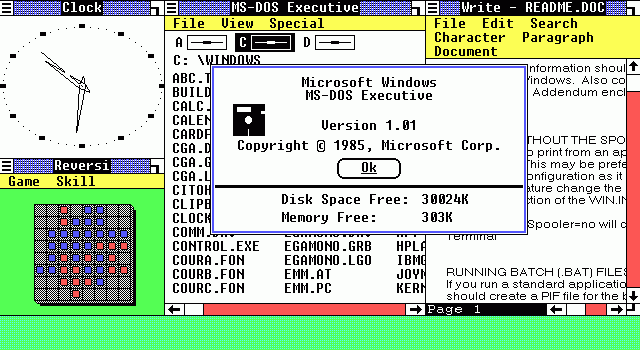 Windows 1.01 Desktop with Clock, Reversi, and About Dialog (1985)